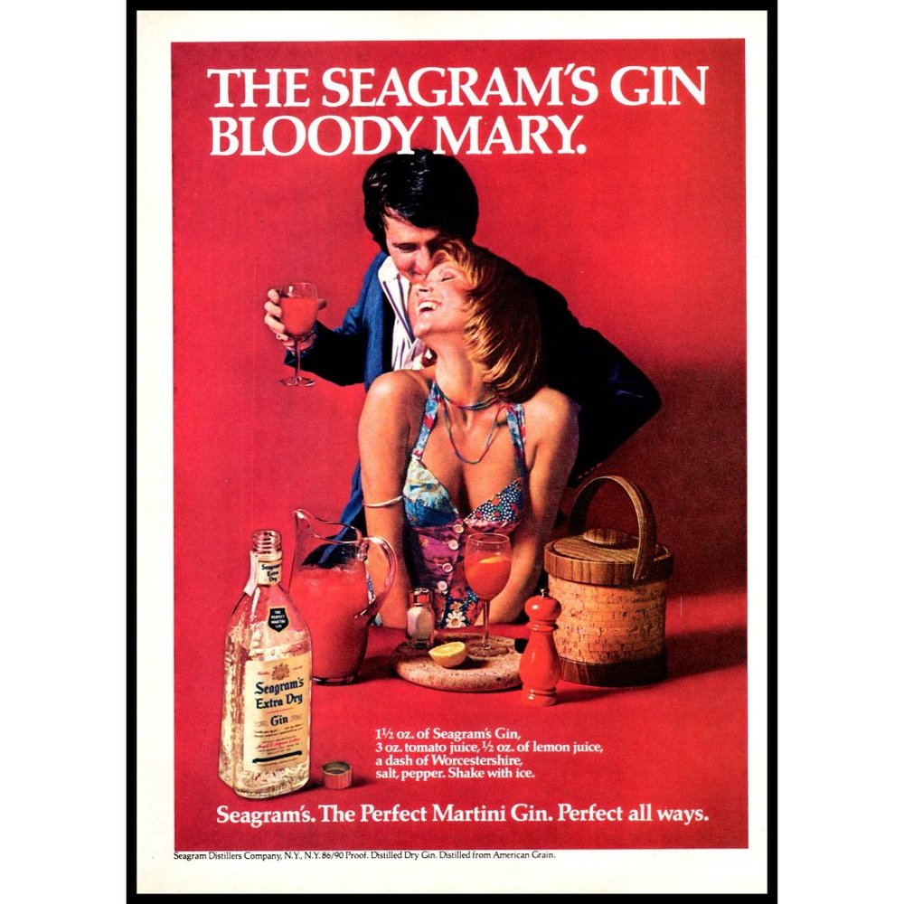1974 Seagram's Extra Dry Gin Bloody Mary Vintage Print Ad Redhead Cleavage Decor